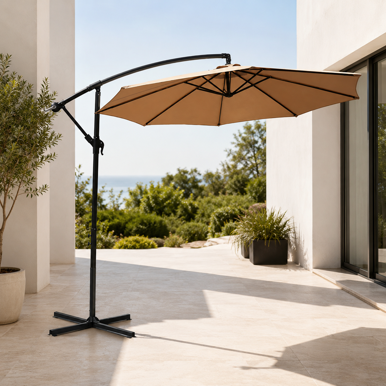 Seitlicher Garten-Sonnenschirm, 360° neigbar, mit seitlichem Mast, Kurbel und UV-Sonnenschutz, beige, ohne Basis