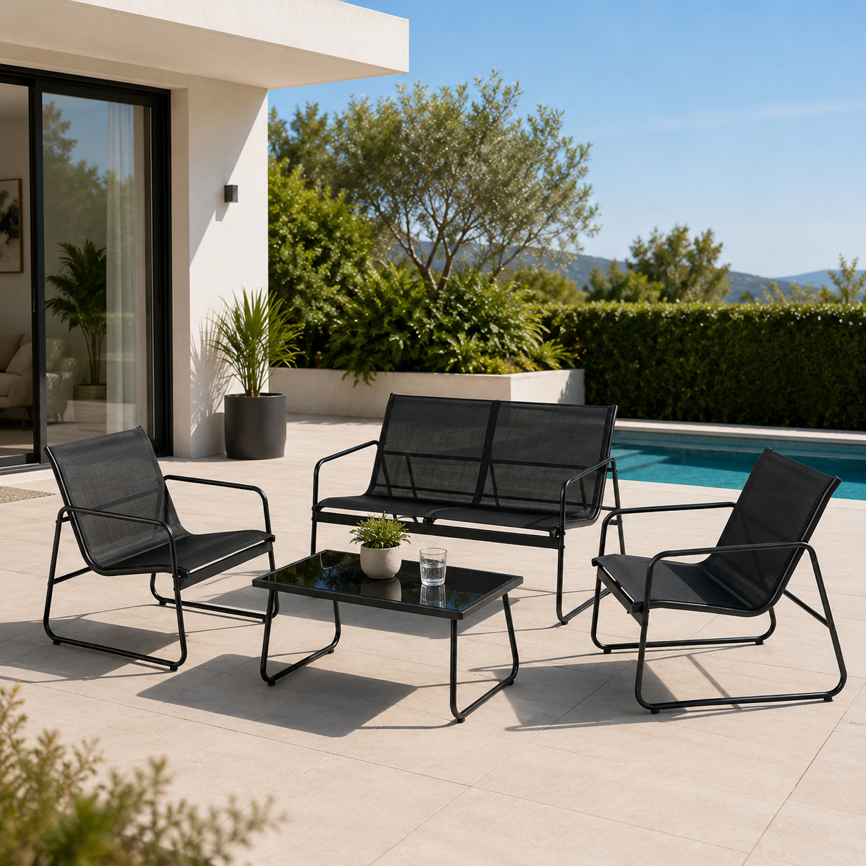 Garten-Set aus Stahl und Textilene mit 2-Sitzer-Sofa, 2 Sesseln und schwarzem Glastisch für Außenbereich