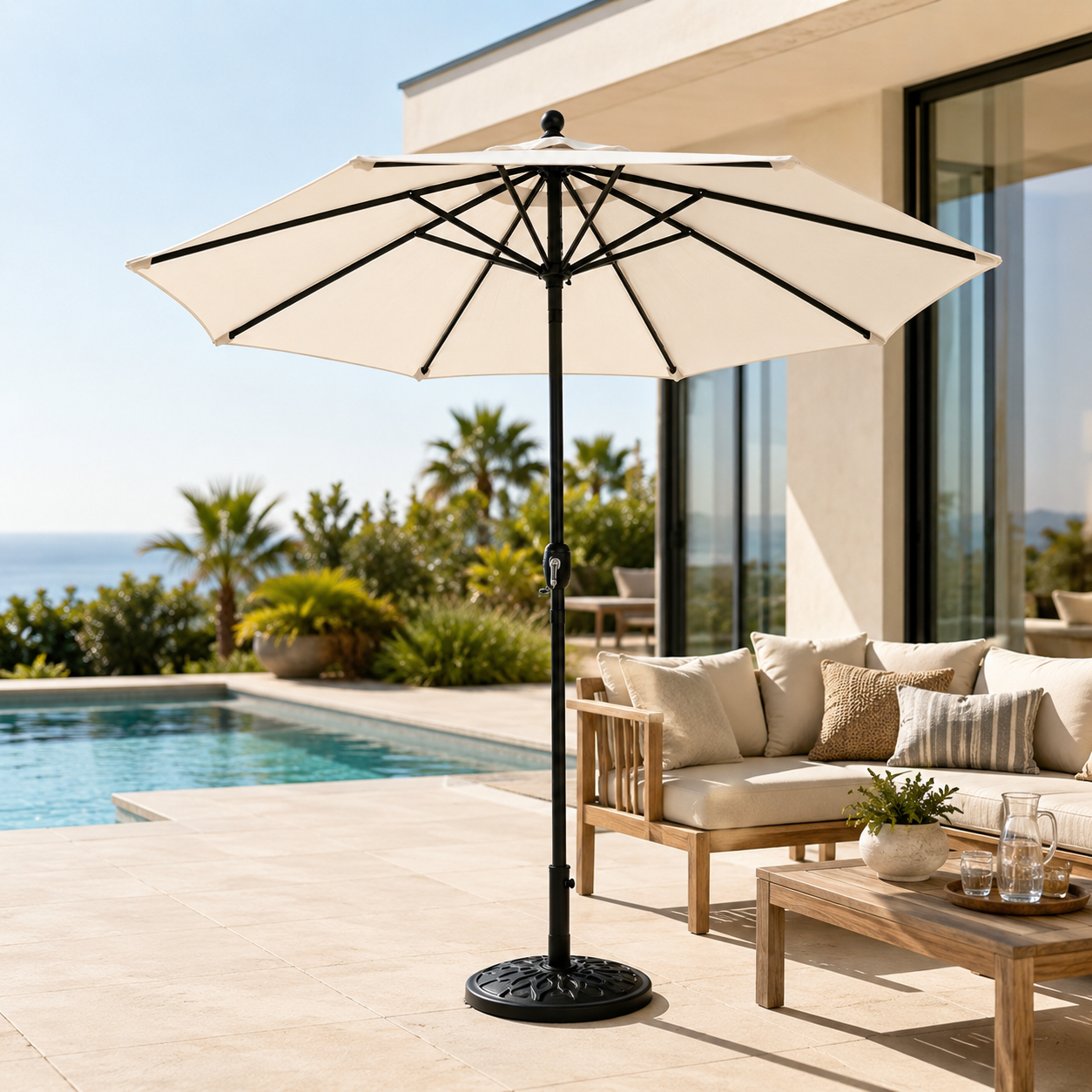 Ombrellone da giardino centrale regolabile con manovella, protezione UV e palo in acciaio colore beige senza base