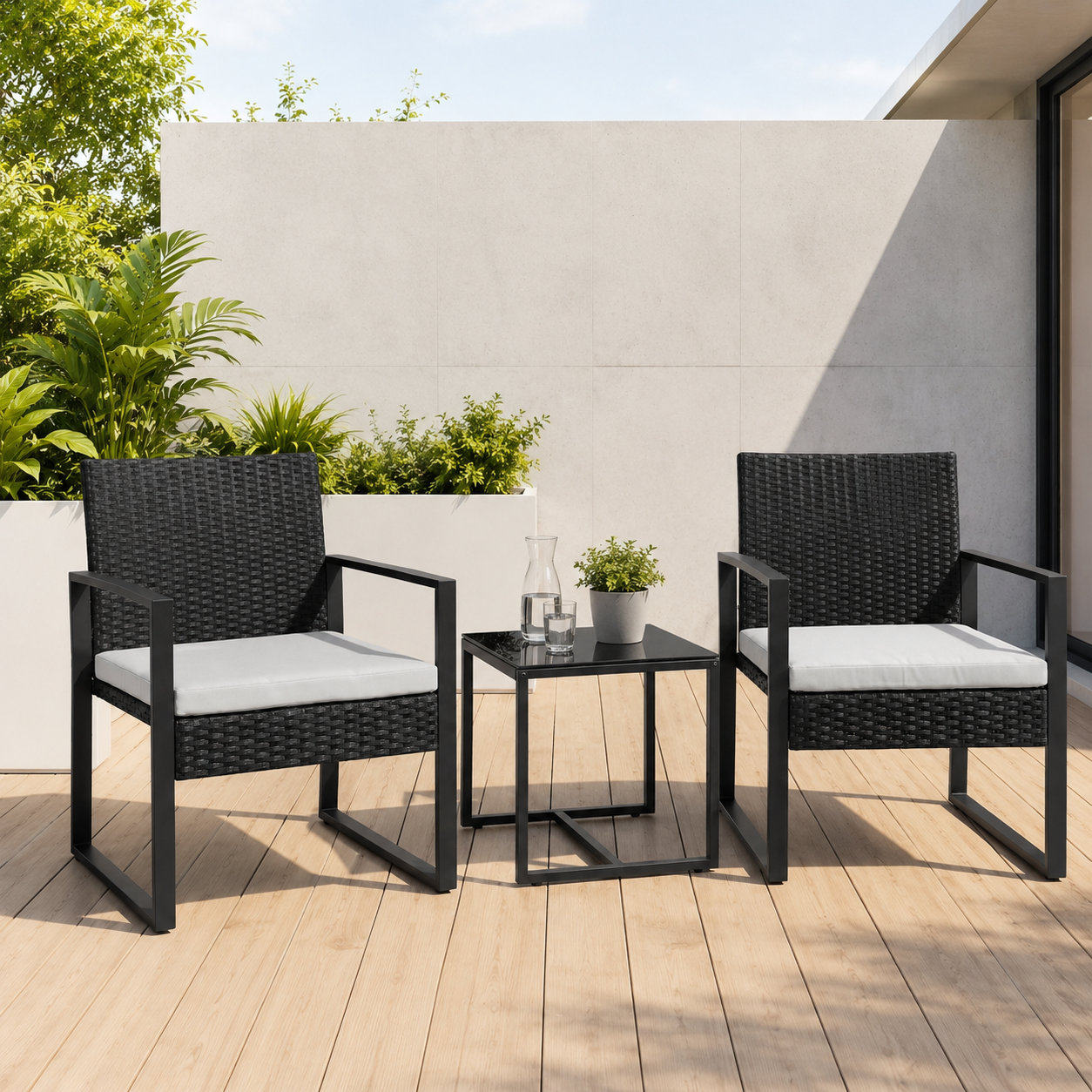 Set da giardino esterno in rattan PE 3 pezzi con tavolino laterale e cuscini imbottiti per terrazza, balcone e patio