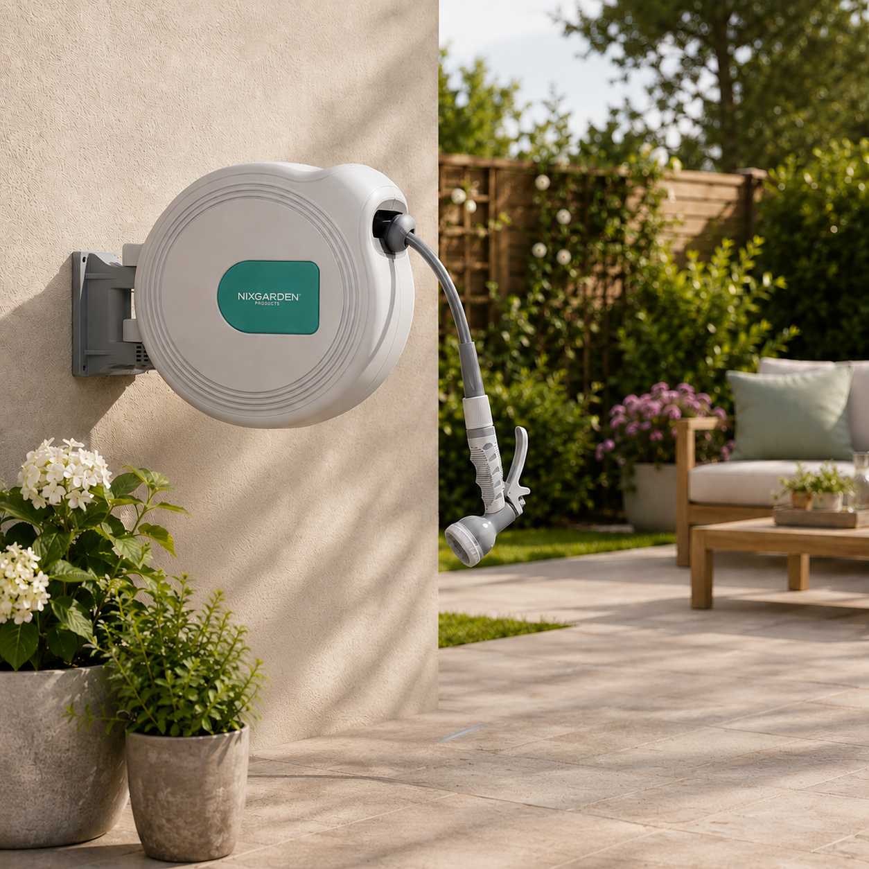 Enrolador automático de mangueira para jardim 10 m com suporte de parede, sistema retrátil e pistola pulverizadora multifunções