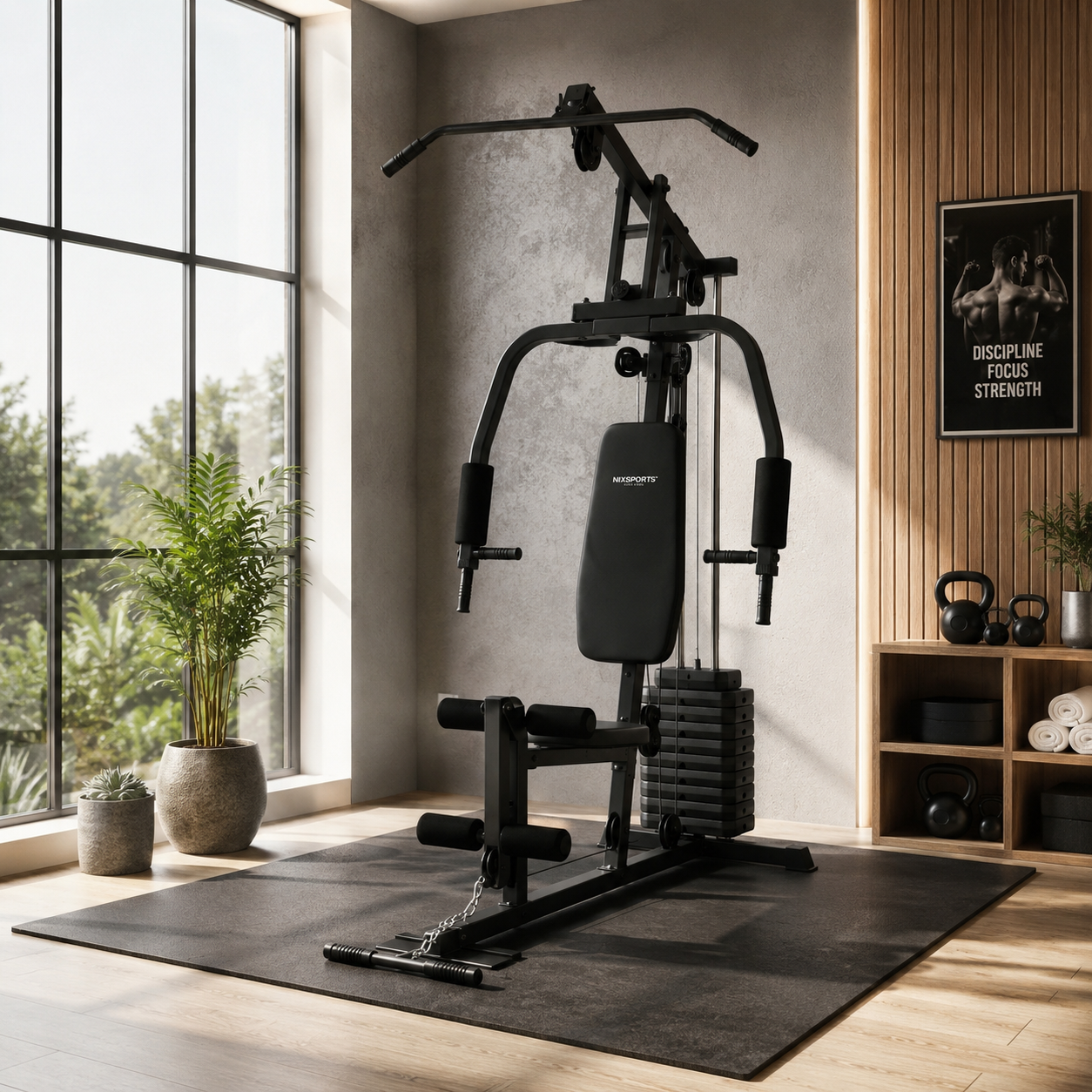 Multifunktionales Krafttrainingsgerät mit Seilzügen, ergonomischer Bank und Trainingsstation für Zuhause