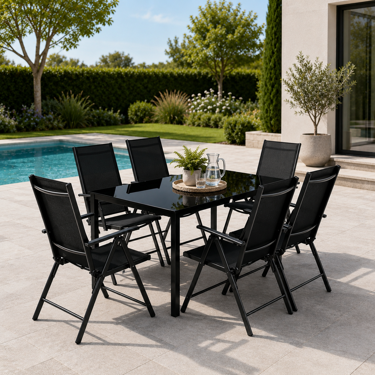 Set da giardino esterno 7 pezzi alluminio sedie reclinabili vetro