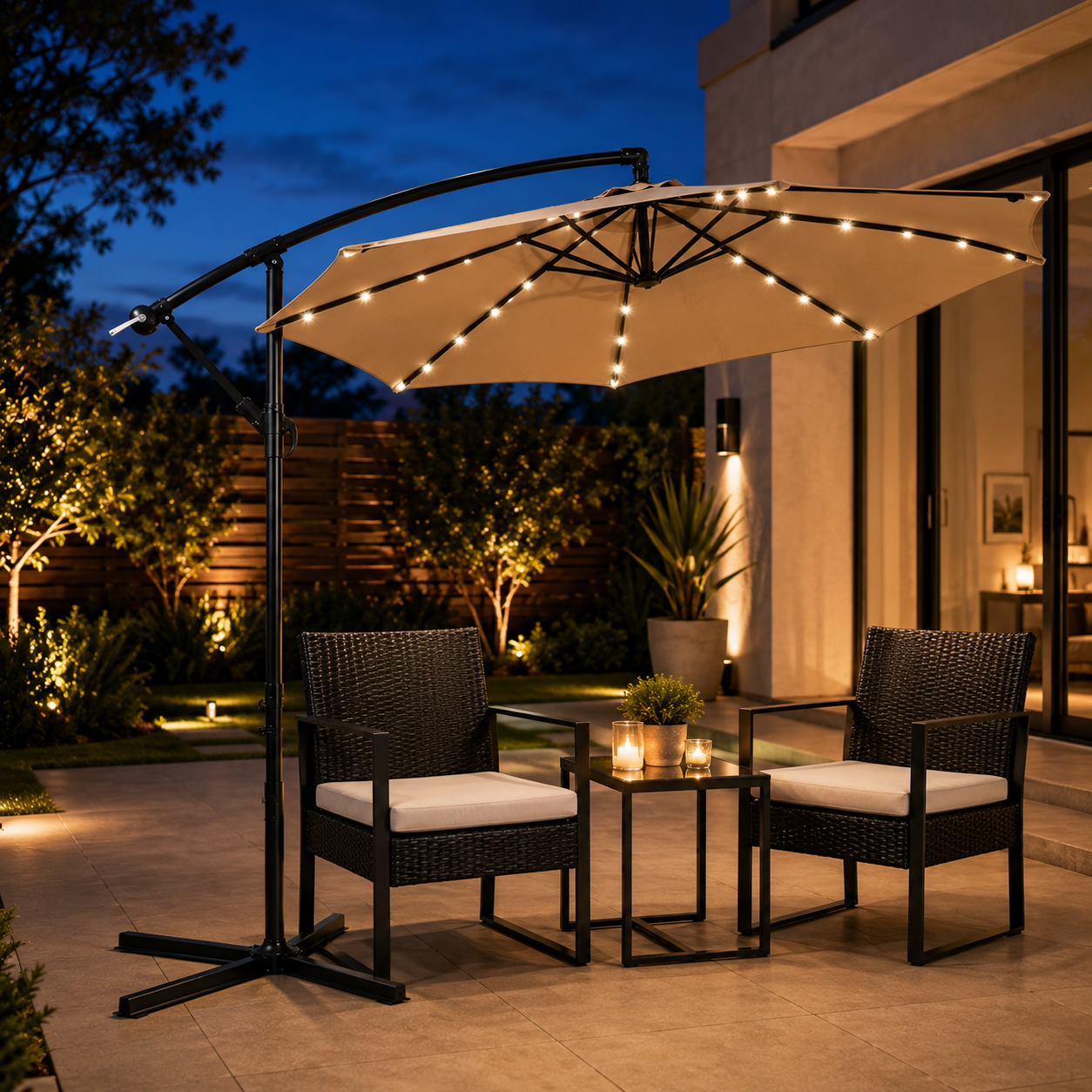 Ombrellone laterale da giardino con luci LED, inclinazione 360°, manovella e protezione solare UV colore kaki senza base