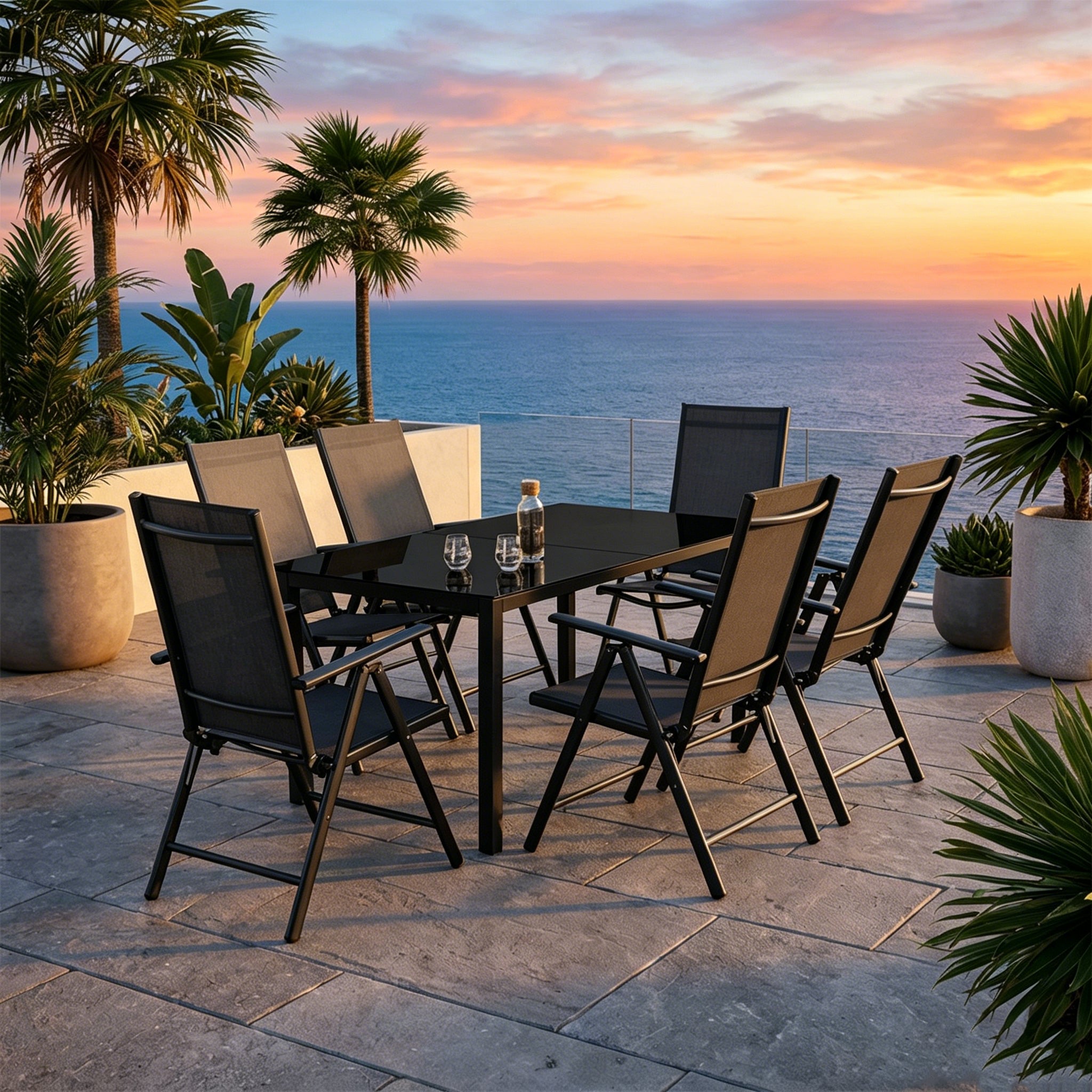 Set da giardino esterno 7 pezzi alluminio sedie reclinabili vetro