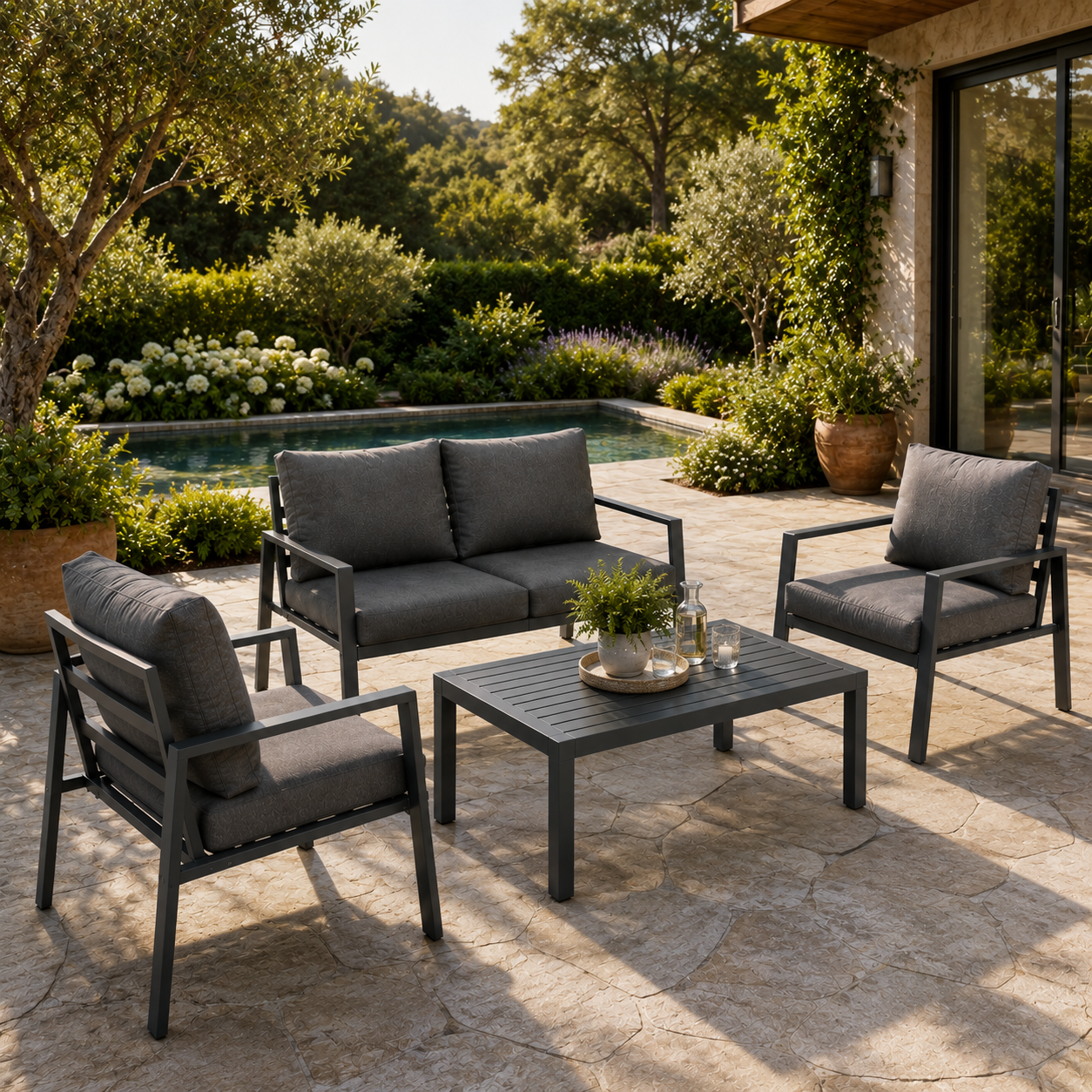 Ensemble de jardin anthracite avec canapé, 2 fauteuils et table basse pour extérieur et terrasse