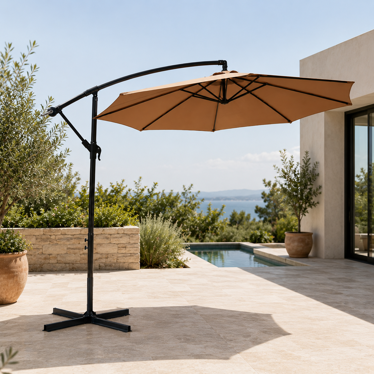 Seitlicher Garten-Sonnenschirm, 360° neigbar, mit seitlichem Mast, Kurbel und UV-Sonnenschutz, beige, ohne Basis