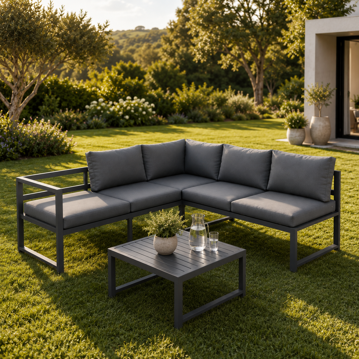 Conjunto de jardim em alumínio antracite com sofá modular de canto, mesa e almofadas para terraço e exterior