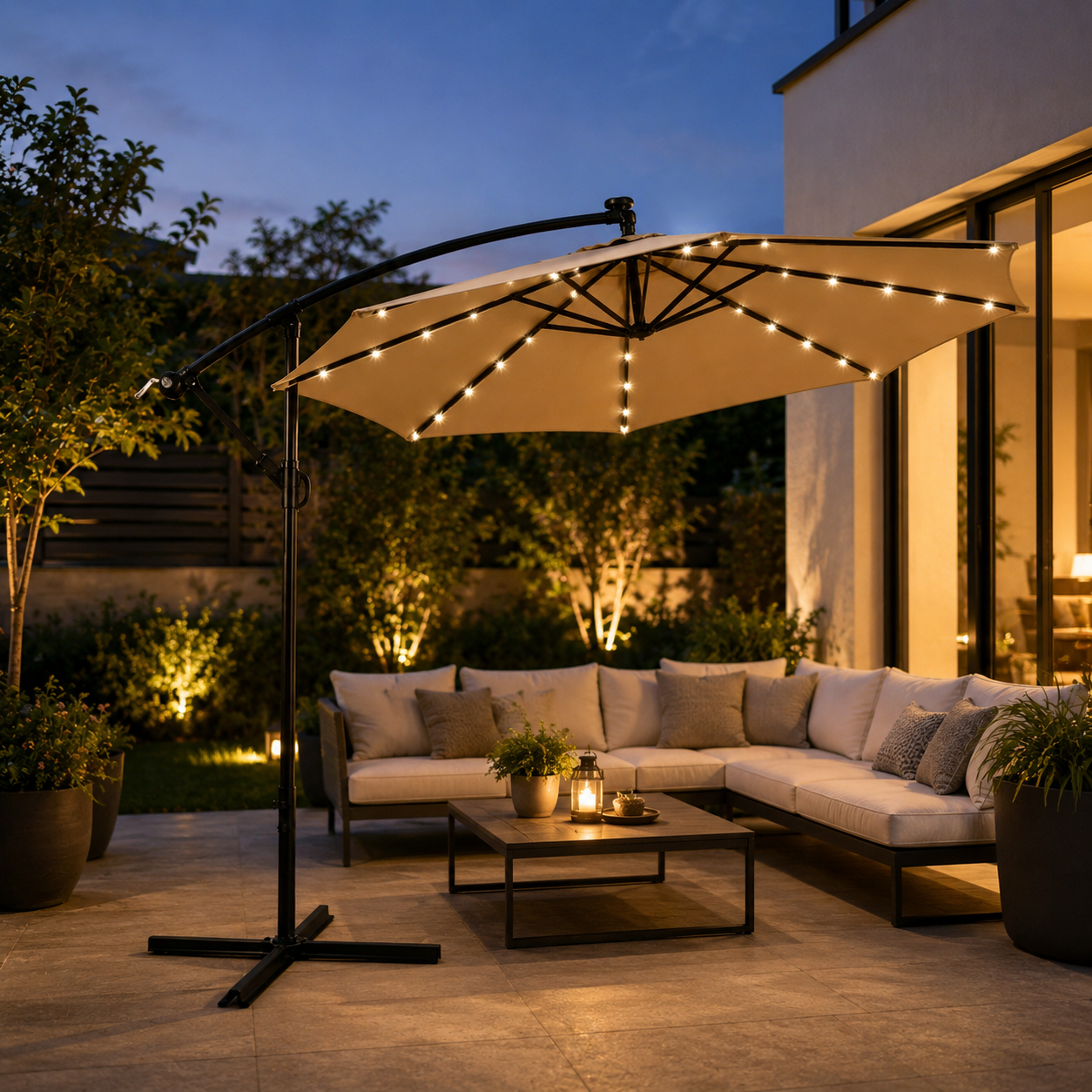 Ombrellone laterale da giardino con luci LED, inclinazione 360°, manovella e protezione solare UV colore kaki senza base