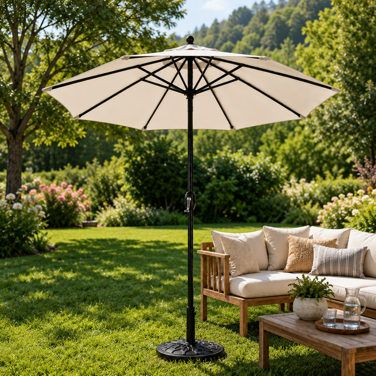 Ombrellone da giardino centrale regolabile con manovella, protezione UV e palo in acciaio colore beige senza base