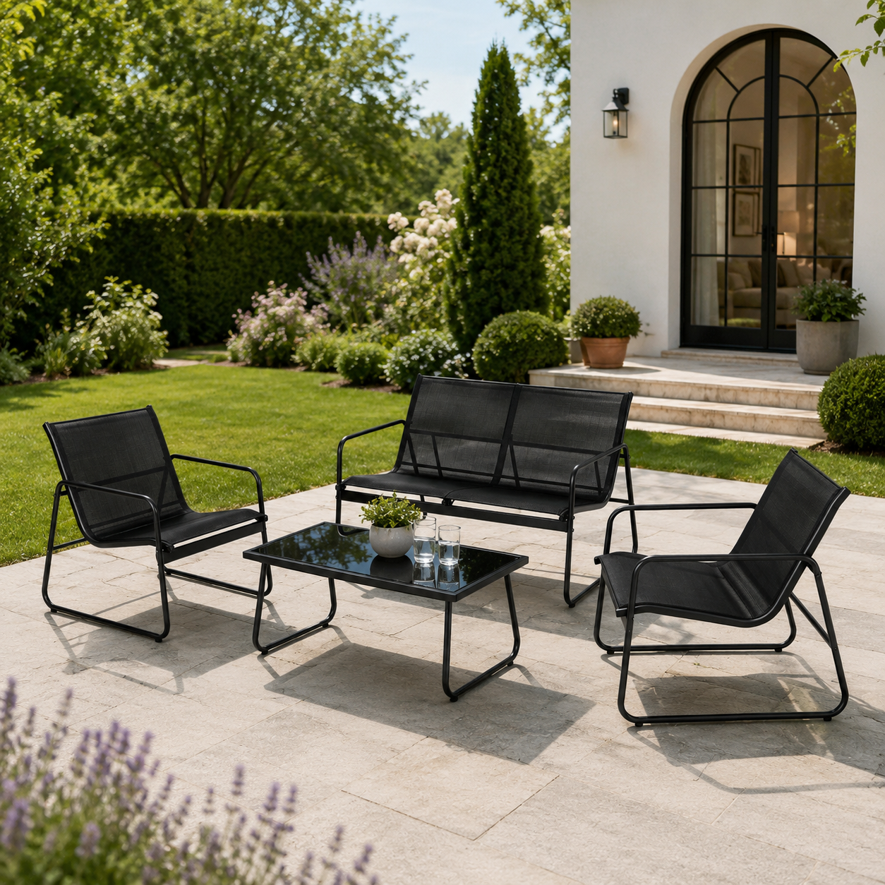 Garten-Set aus Stahl und Textilene mit 2-Sitzer-Sofa, 2 Sesseln und schwarzem Glastisch für Außenbereich