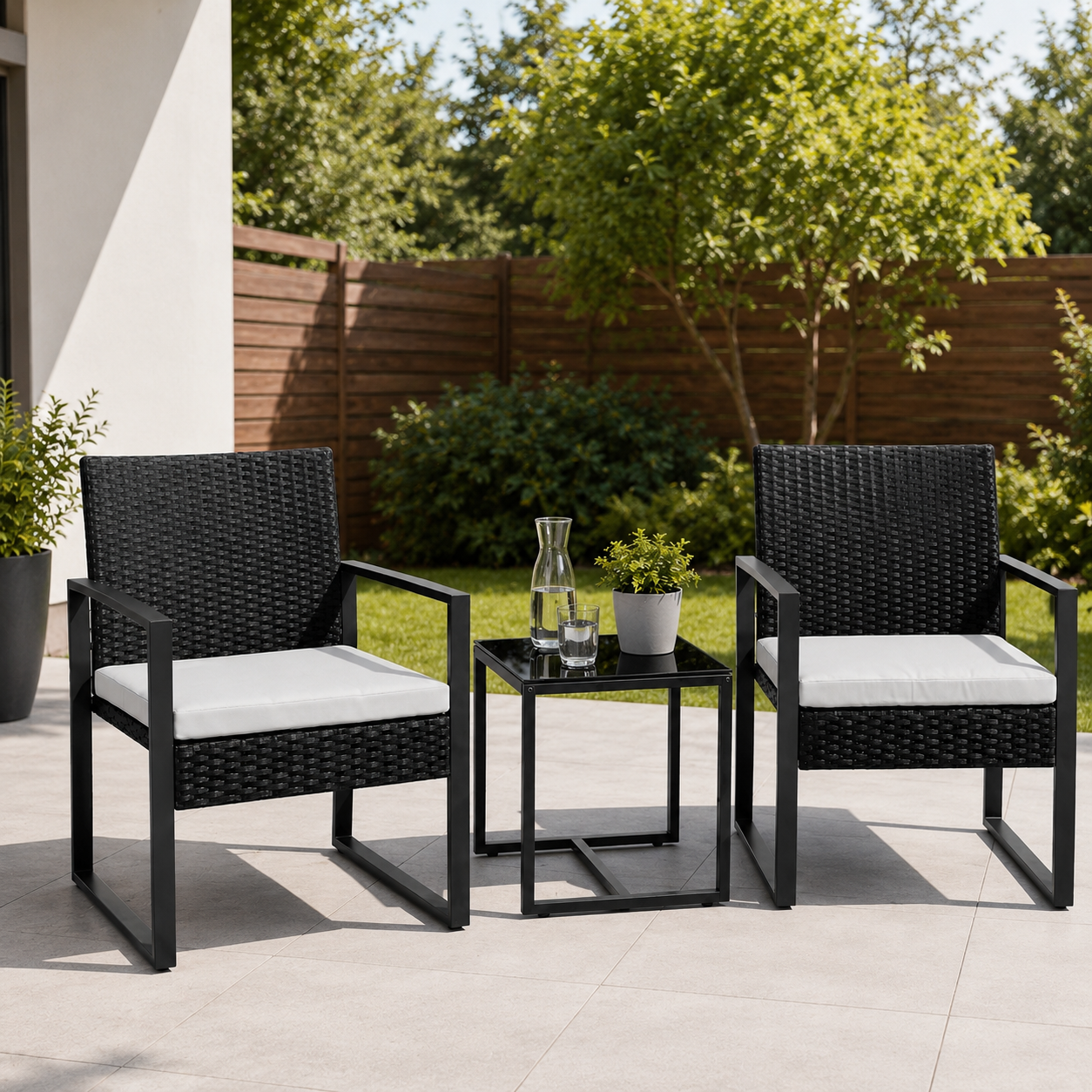 Set da giardino esterno in rattan PE 3 pezzi con tavolino laterale e cuscini imbottiti per terrazza, balcone e patio