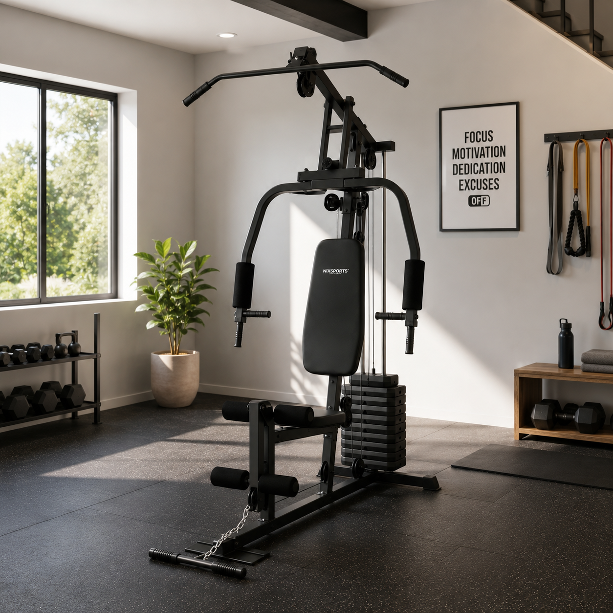 Multifunktionales Krafttrainingsgerät mit Seilzügen, ergonomischer Bank und Trainingsstation für Zuhause