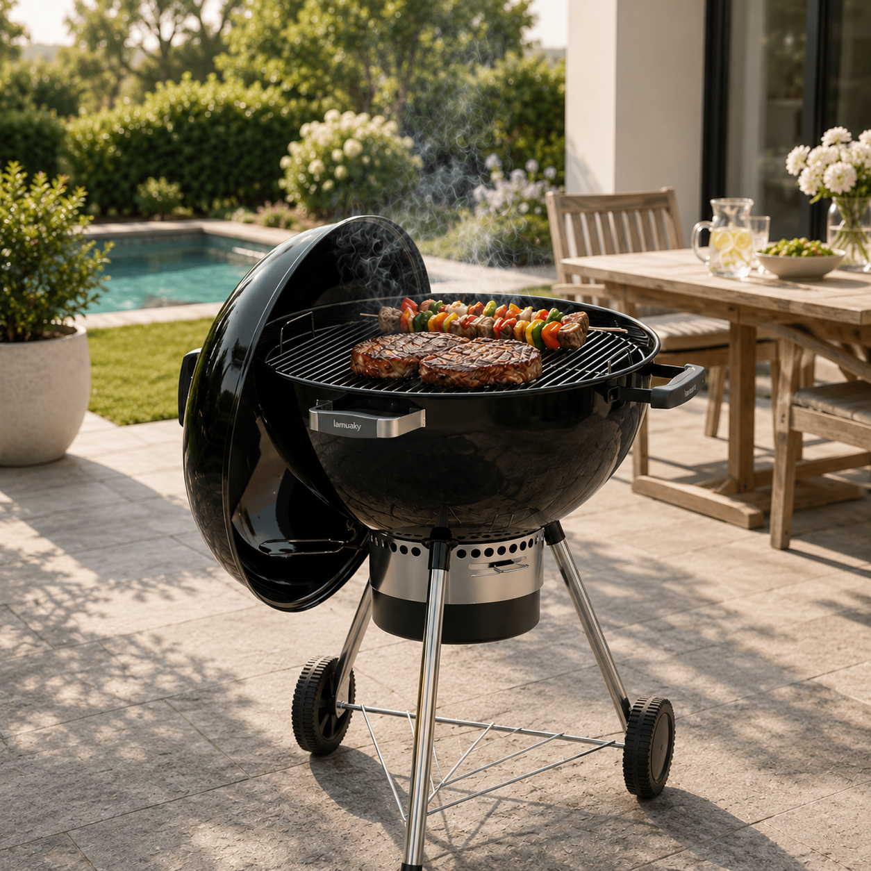 Barbecue Portatile a Carbone Rotondo con Coperchio