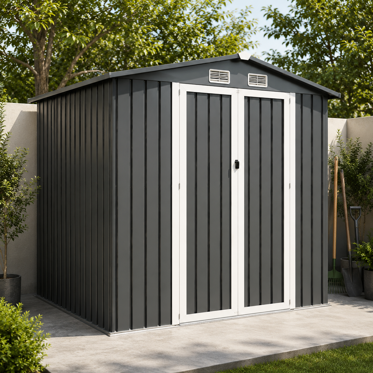Metall-Gartenhaus mit doppelflügeliger Tür, Lüftungsgittern und schrägem Dach, 268 cm