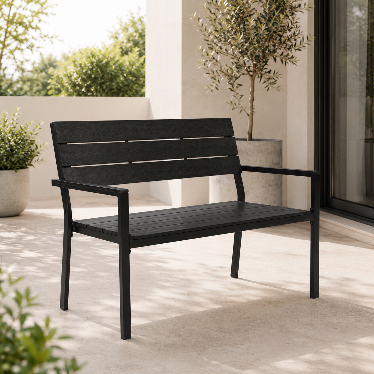 Panca da giardino esterna per 2 persone con schienale ergonomico e struttura metallica resistente per terrazza, patio e balcone