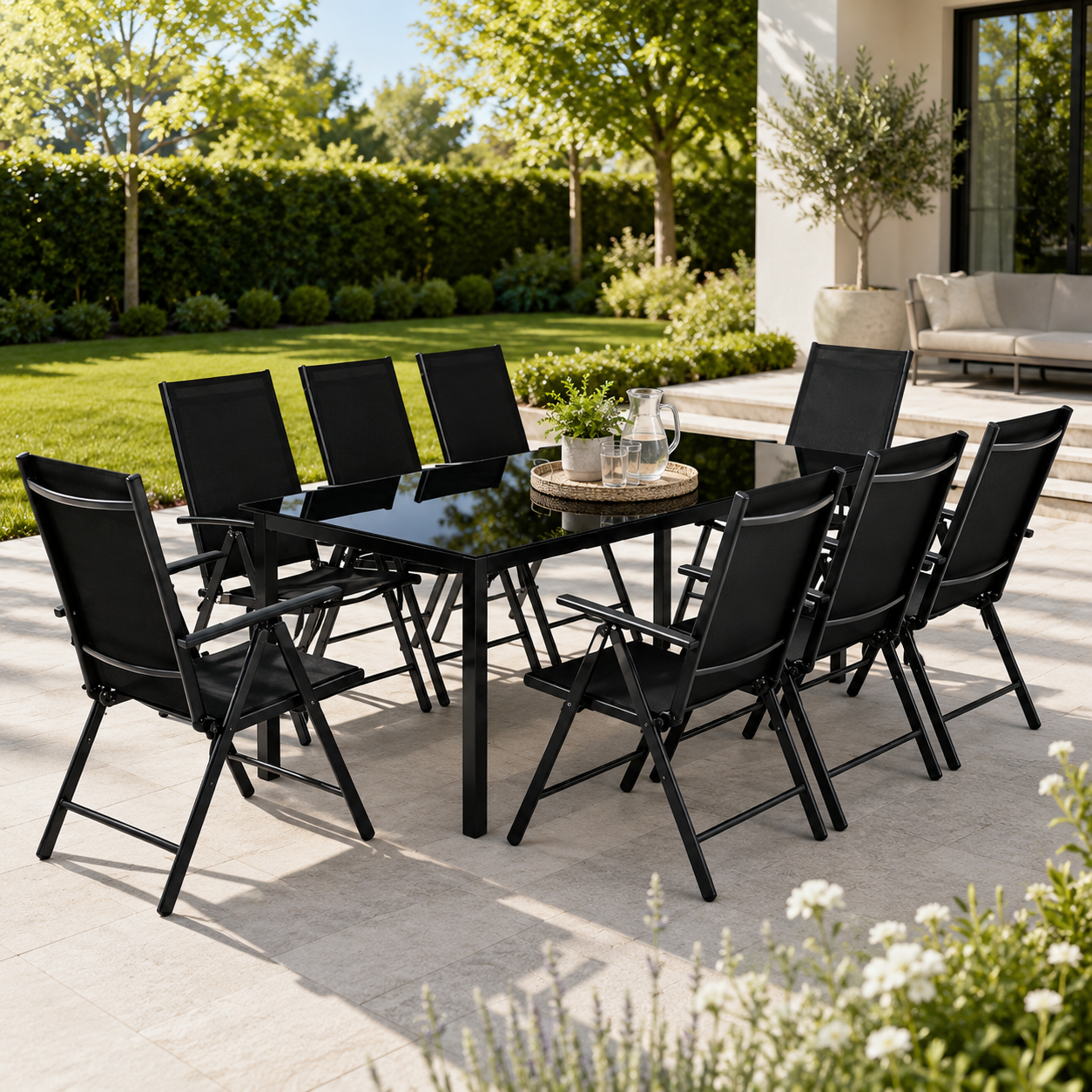 9-teiliges Gartenset aus Aluminium mit verstellbaren Stühlen und Glastisch