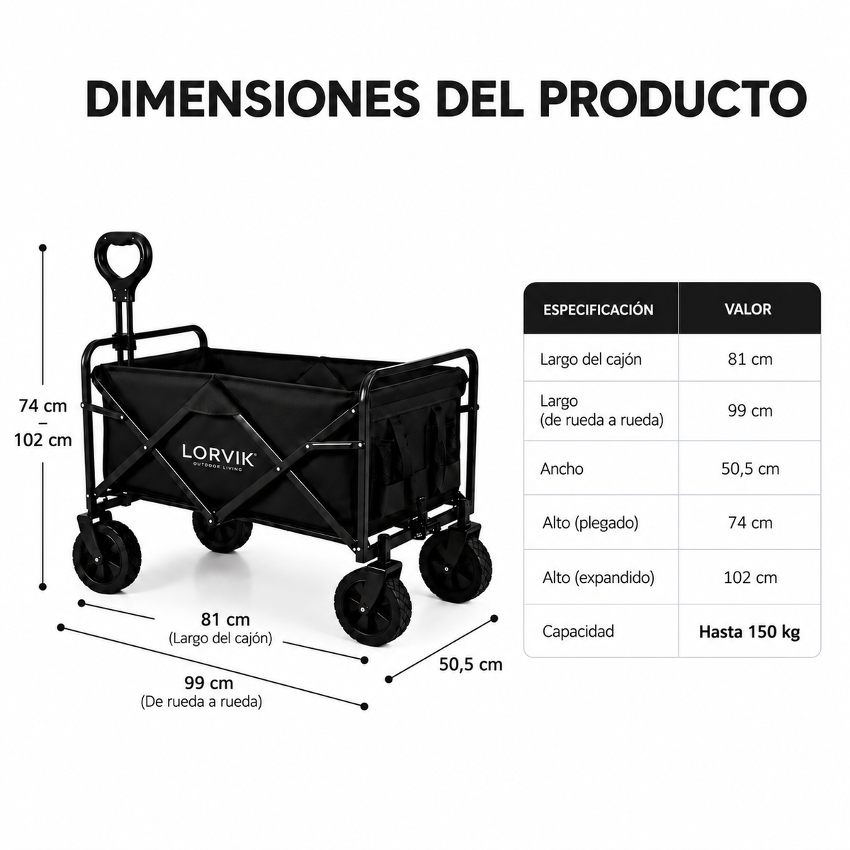 Carro plegable XXL todoterreno 150 kg playa jardín camping