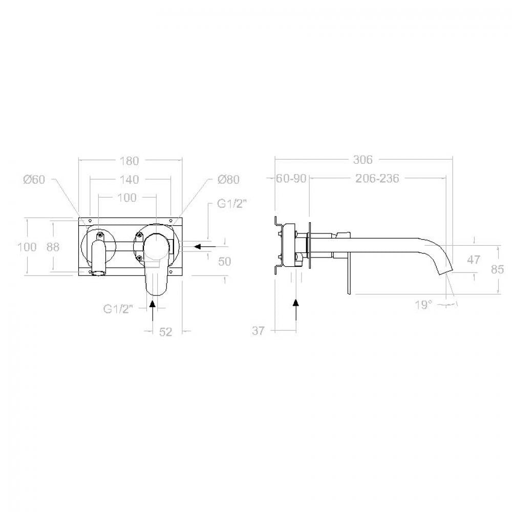 Ramon Soler - Alexia, Monomanando del lavandino fatto in costruzione murale con tubo da 24 cm e sistema S2, Chrome
