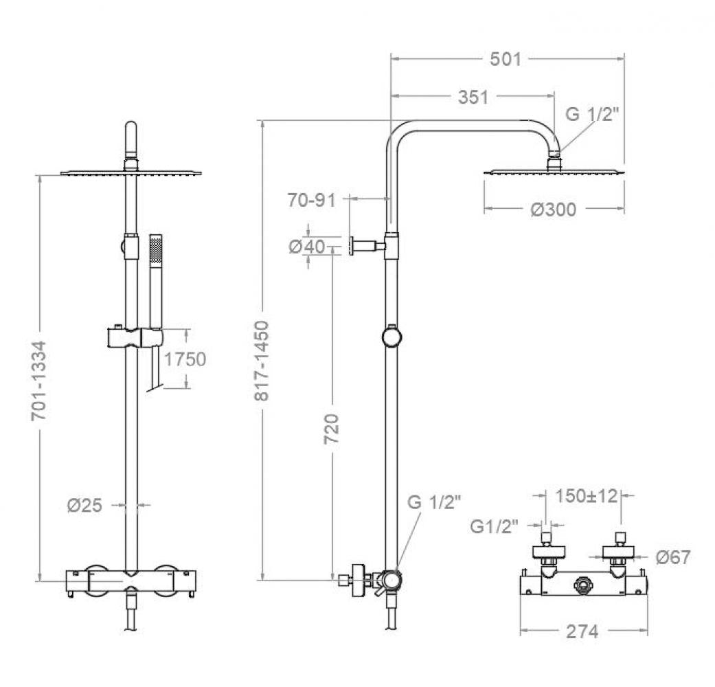 Ramon Soler - Colonne de douche thermostatique télescopique Odisea avec pomme de douche en métal 300 mm noir mat