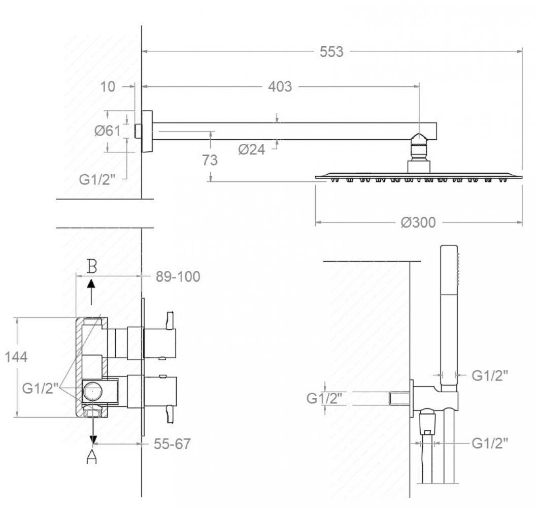 Ramon Soler - Rubinetto doccia da incasso termostatico a 2 vie Odisea con doccetta in metallo Ø300 mm nero opaco