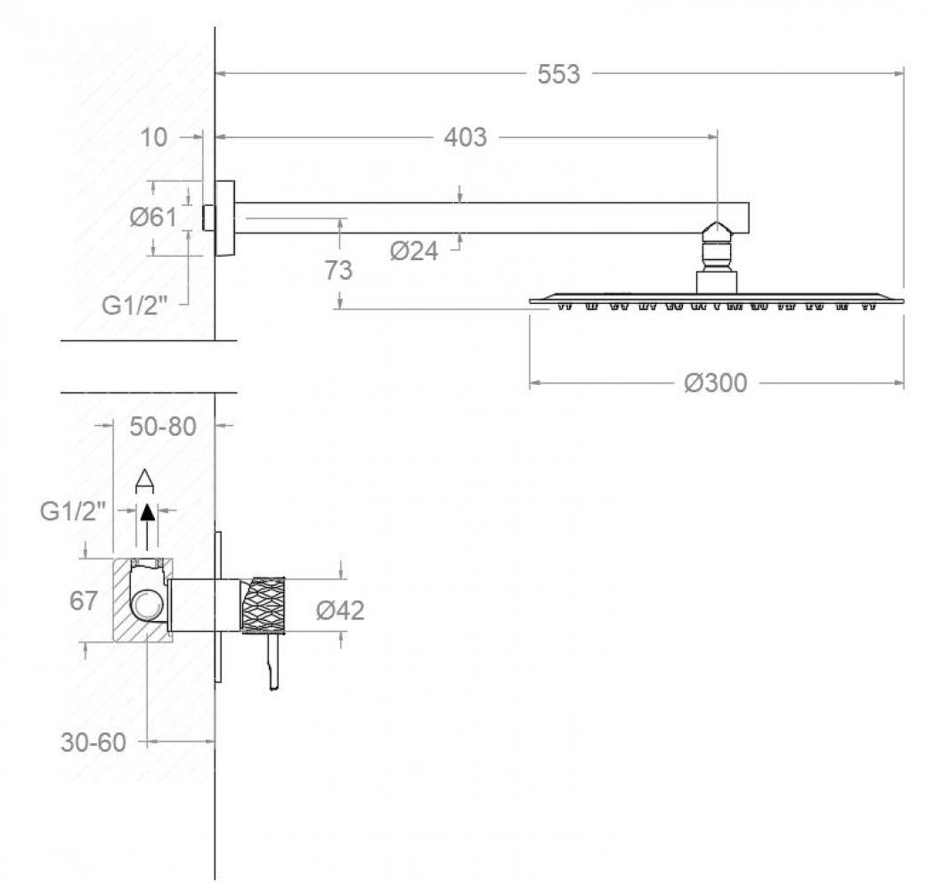 Ramon Soler - Odyssey Jewel, Monomando Embedded Set 1 Pfad mit Metallsprinkler Ø300 mm, gebürstetes Kupfer