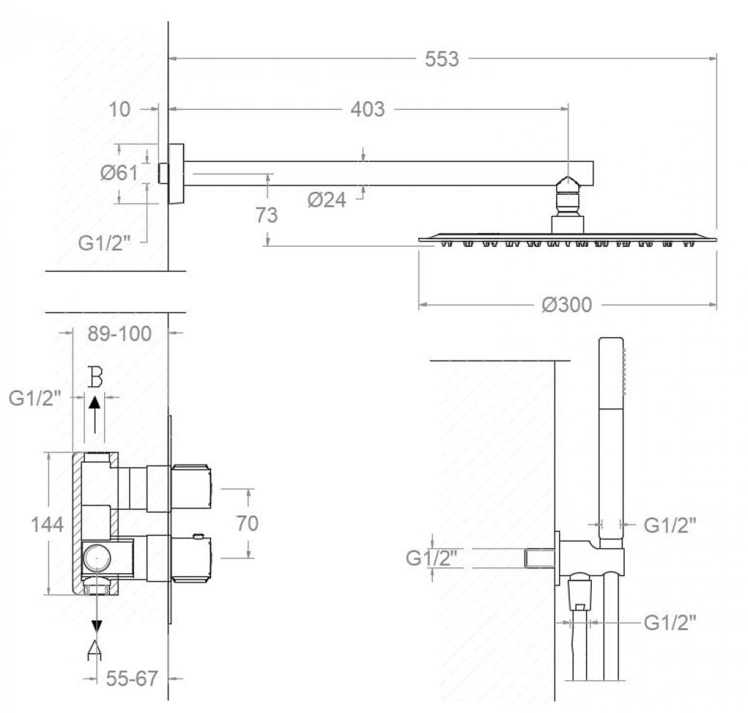 Ramon Soler - Conjunto de ducha empotrado termostático 2 vías Urban Chic cromo