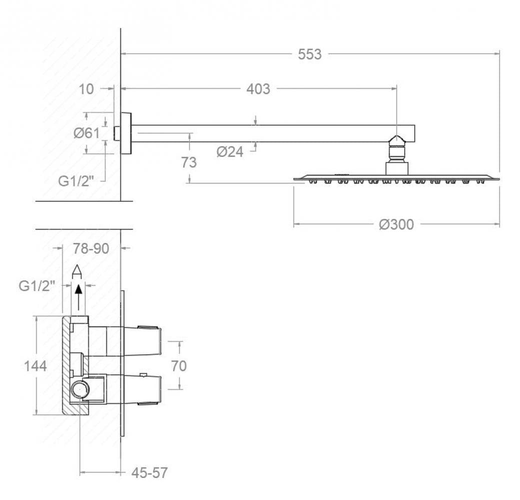 Ramon Soler - Tzar, 1-Track Ensemble thermostatique encastré avec gicleurs de métal Ø300 mm, chrome