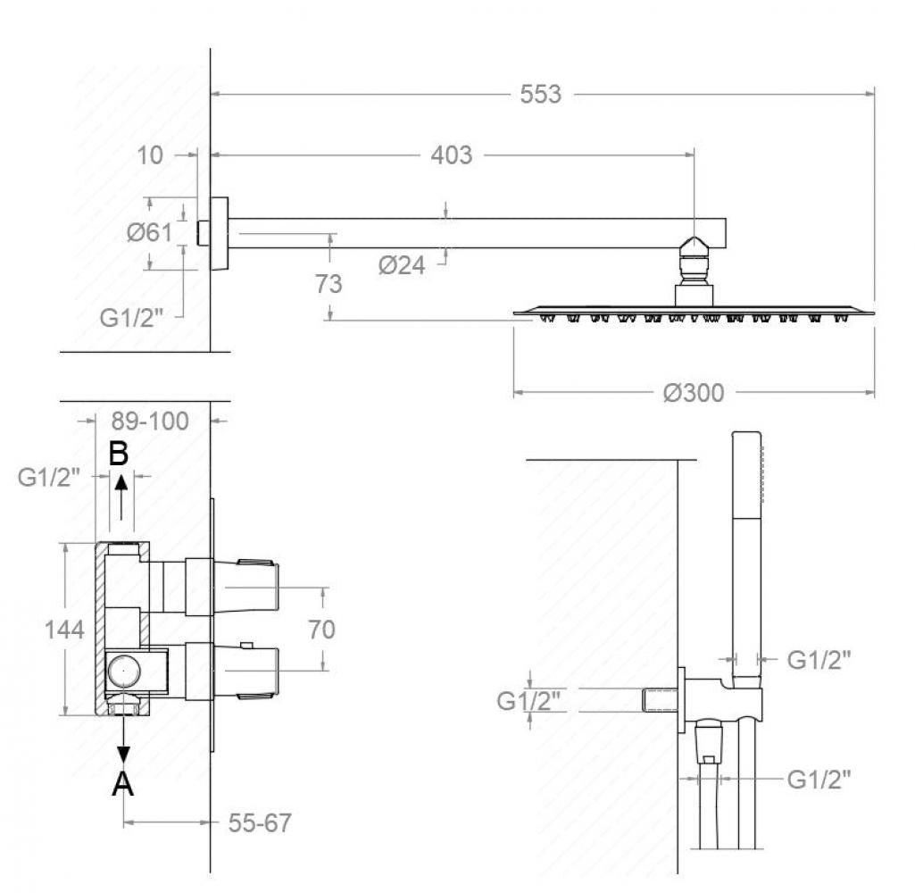 Ramon Soler - Tzar, 2 -way -Thermostat -Set mit Metallsprühgerät von Ø 300 mm, Chrom