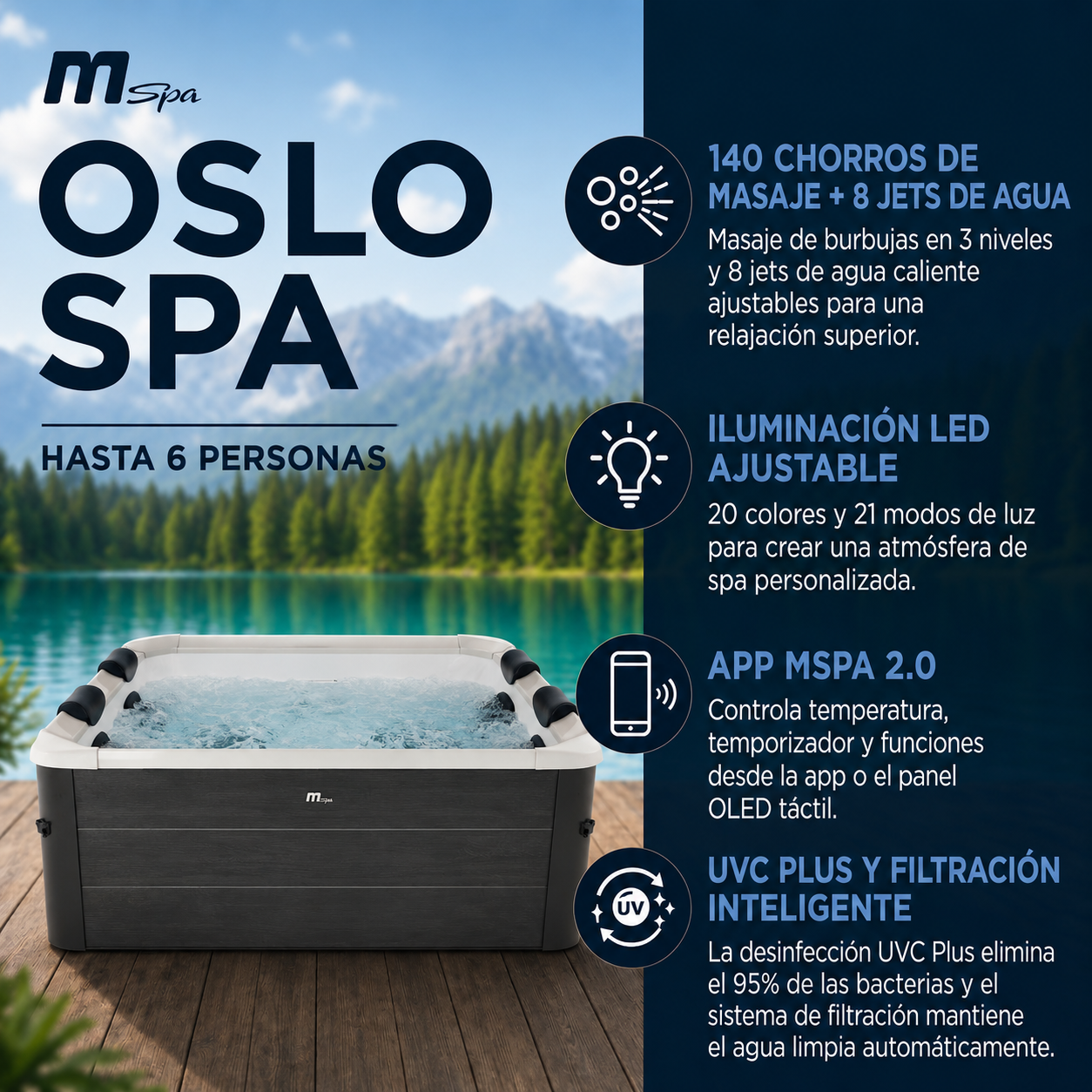 MSpa – Spa rígido cuadrado Oslo Aero Plus 4–6 personas