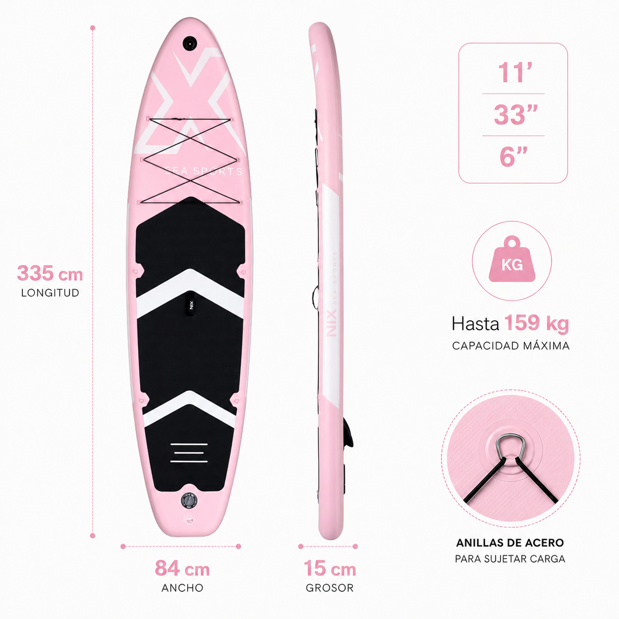 Tavola Paddle Surf Gonfiabile 11" 335x84x15 cm 159 kg rosa Pacchetto Premium