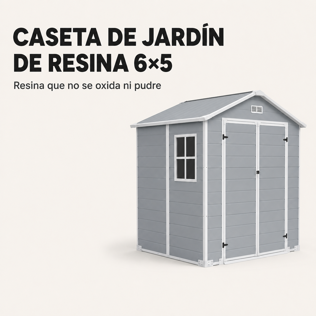 Casetta da giardino XL in resina con finestra, doppia porta, ventilazione e chiusura di sicurezza