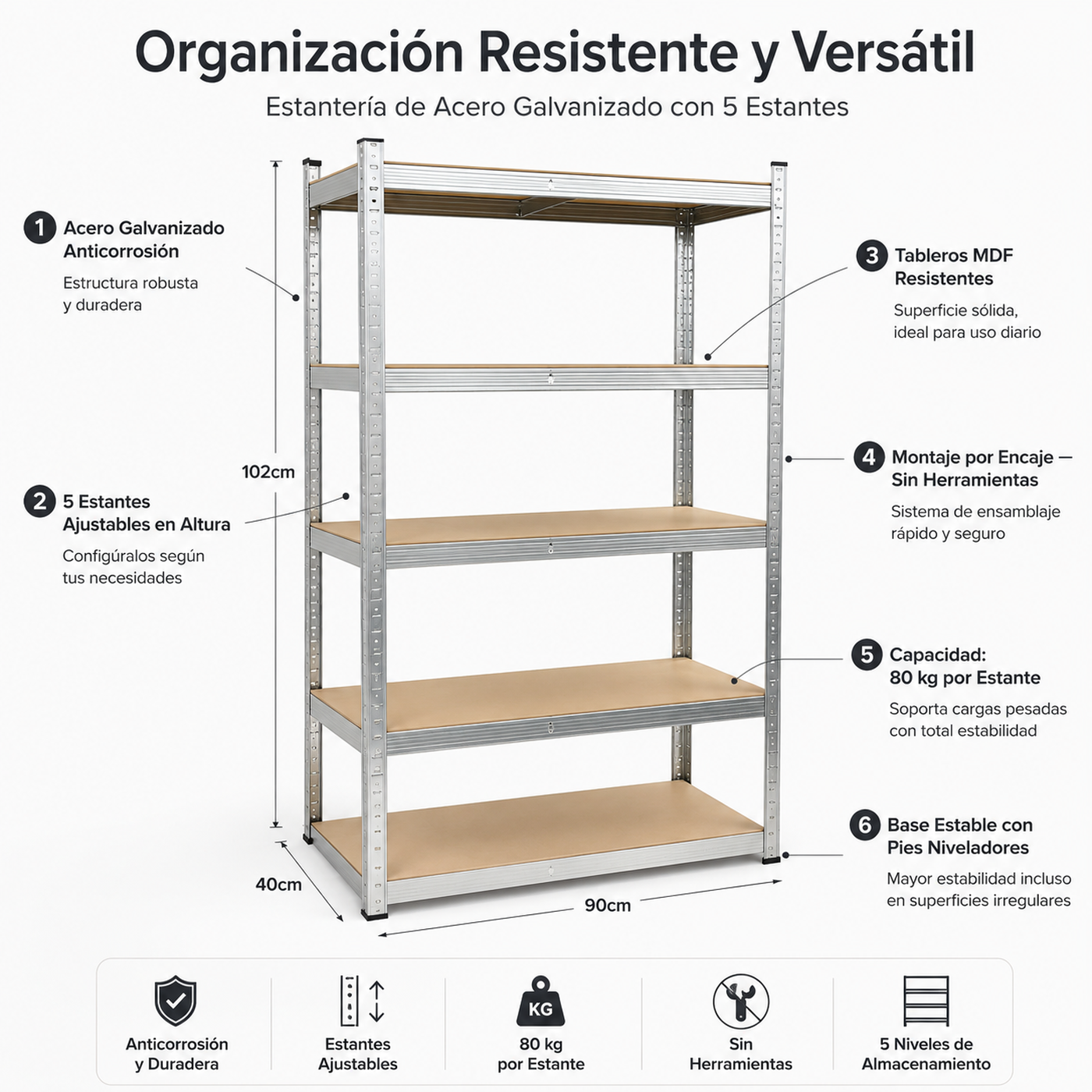 Scaffale metallico zincato con 5 ripiani rinforzati e grande capacità di carico 180x90x40 cm