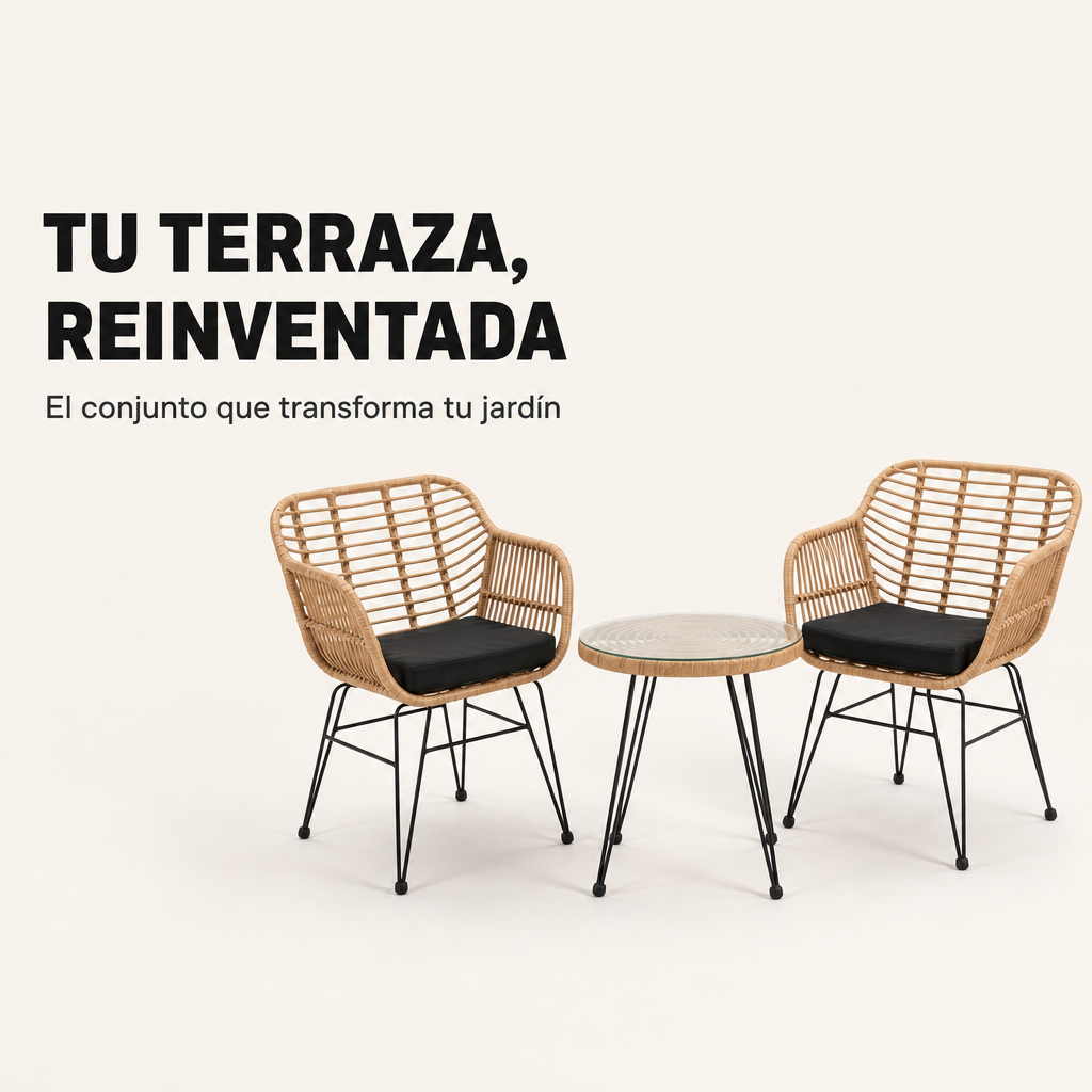 Conjunto Jardín Ratán Con 2 Sillones Y Mesa Redonda Para Terraza Y Balcón