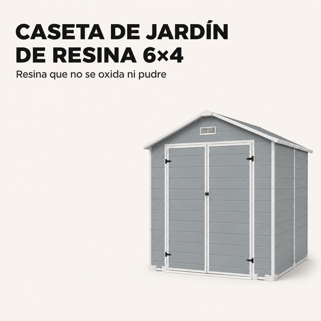 Casetta da giardino grande in resina con doppia porta, finestra e ventilazione integrata