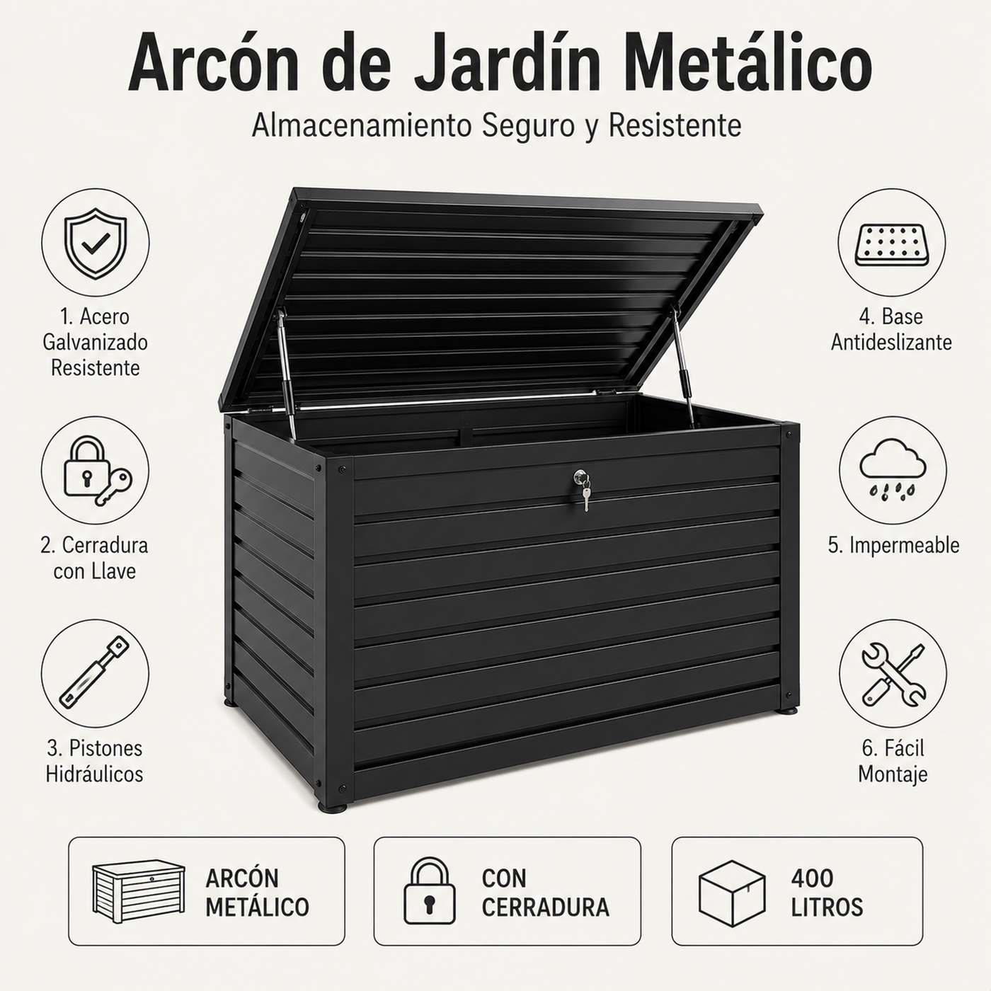Baú Metálico Exterior com Tampa Hidráulica e Fecho com Chave