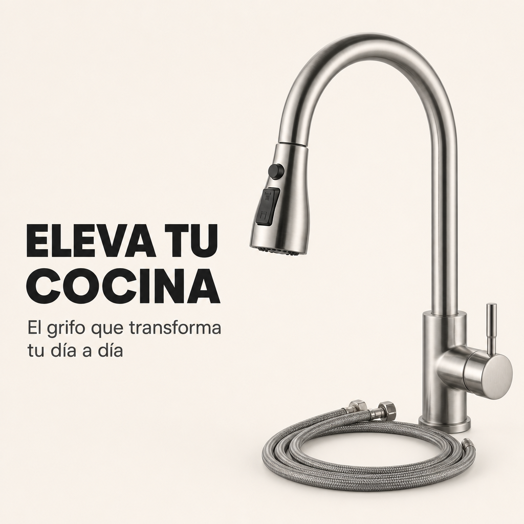 Torneira de cozinha extraível monocomando em aço inoxidável com bico alto giratório 360° e dupla função de água