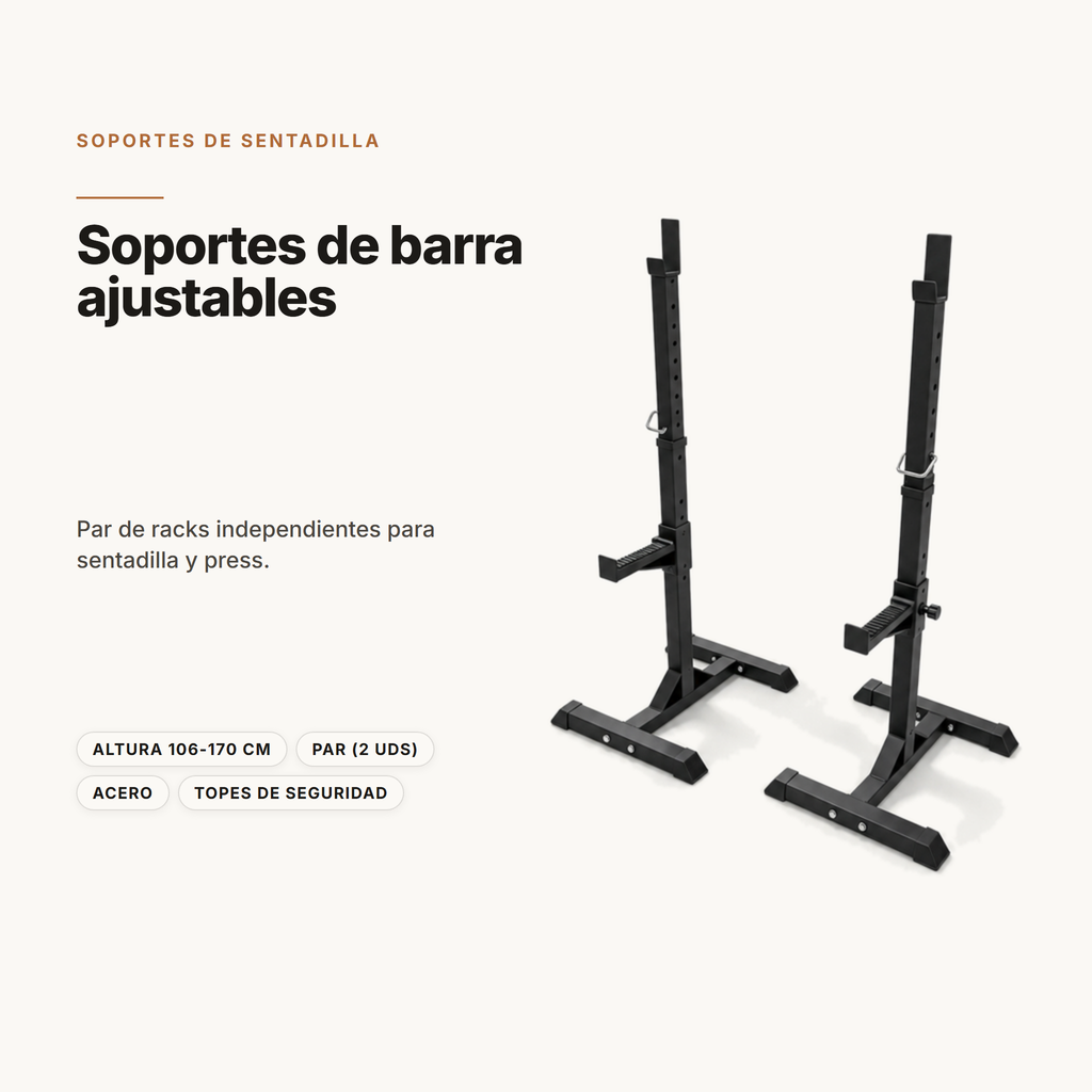 Suporte ajustável para barra e rack de agachamentos para treino de força
