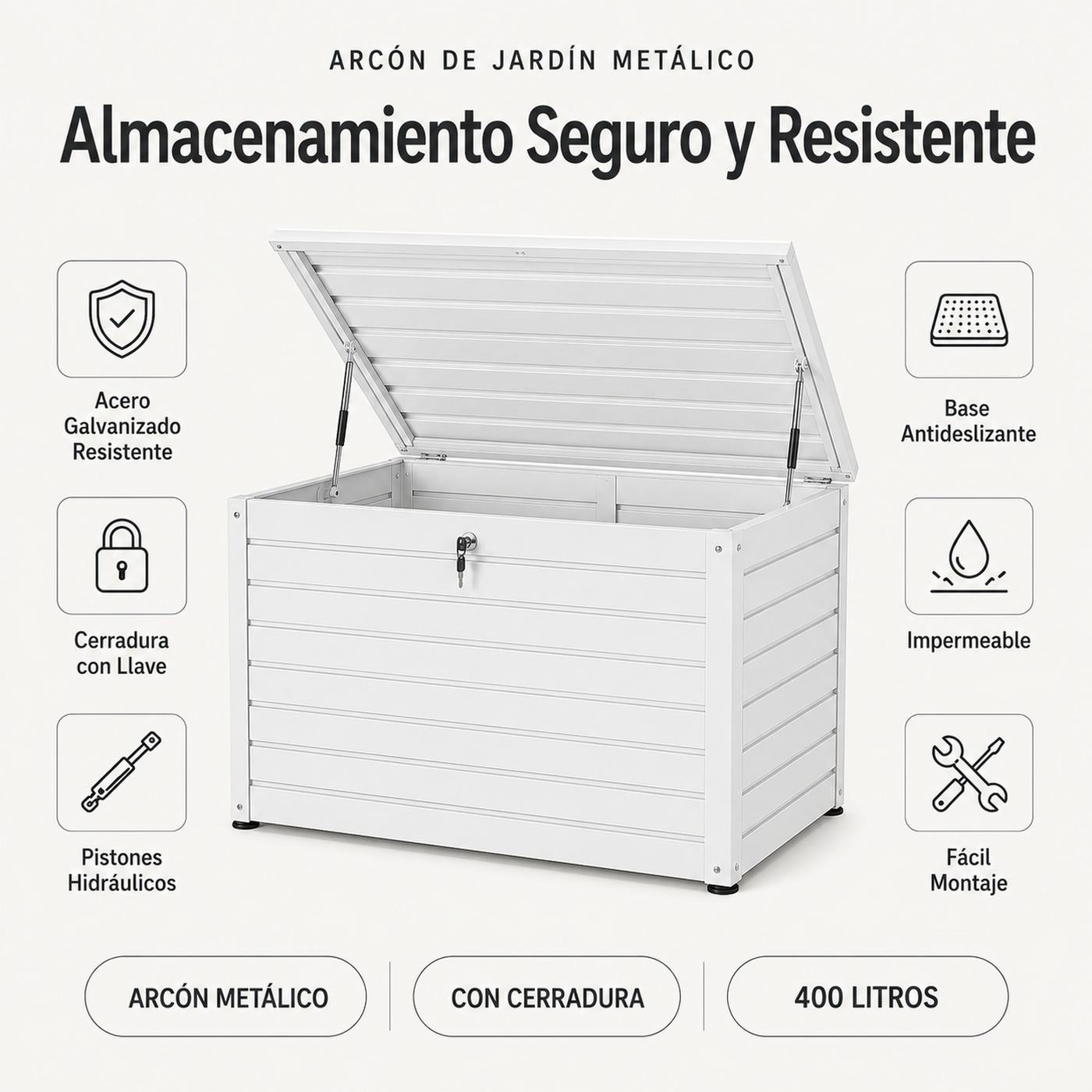 Baú Metálico Exterior com Tampa Hidráulica e Fechadura para Jardim