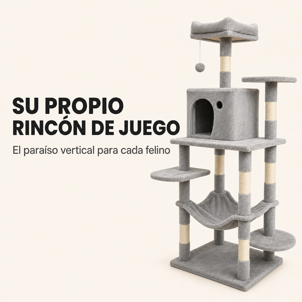 Albero tiragraffi per gatti alto 143 cm con amaca, piattaforme, tana e pali in sisal colore grigio chiaro