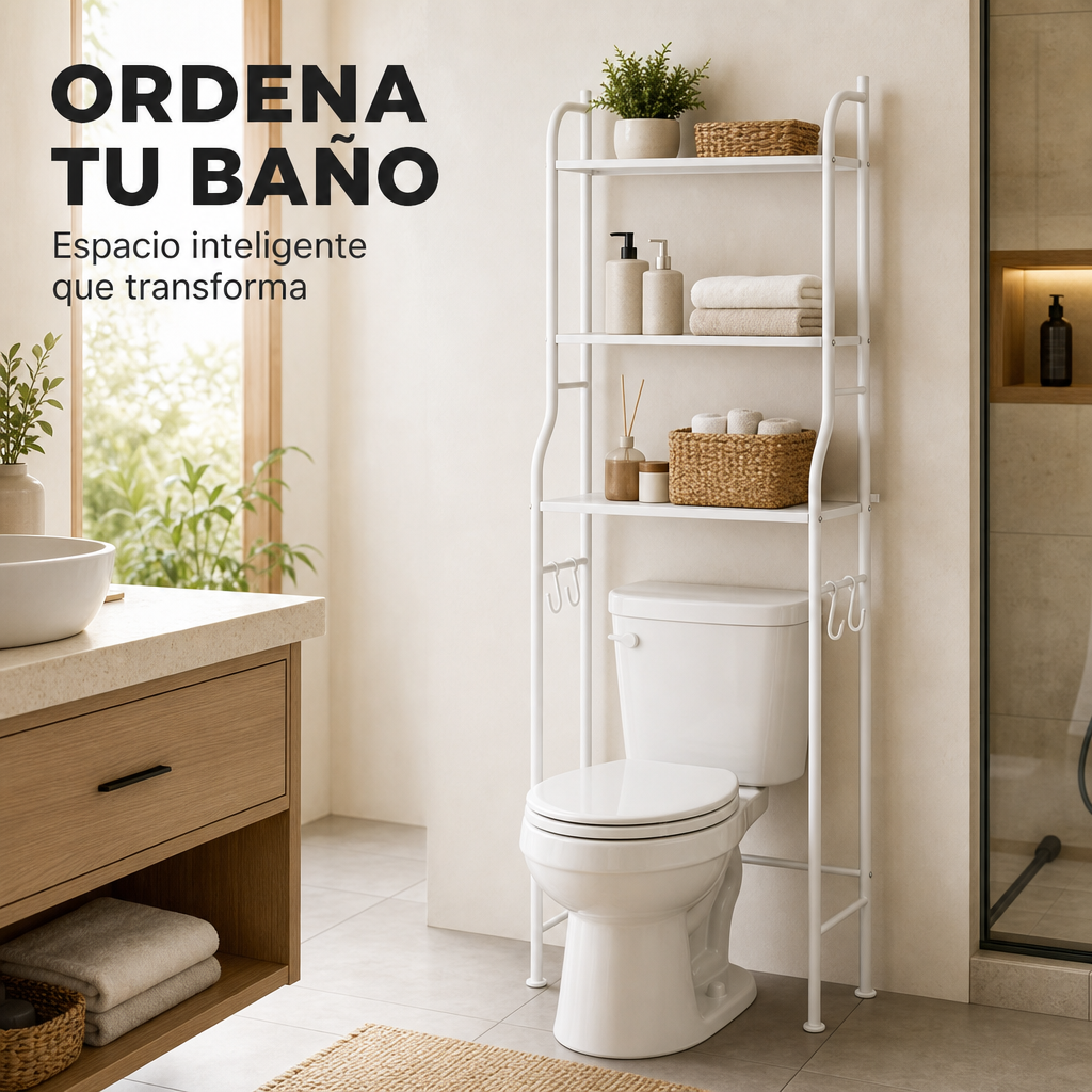 3-stöckiges Regal über der Toilette mit Haken, Organizerablagen und Metallgestell für Badezimmer