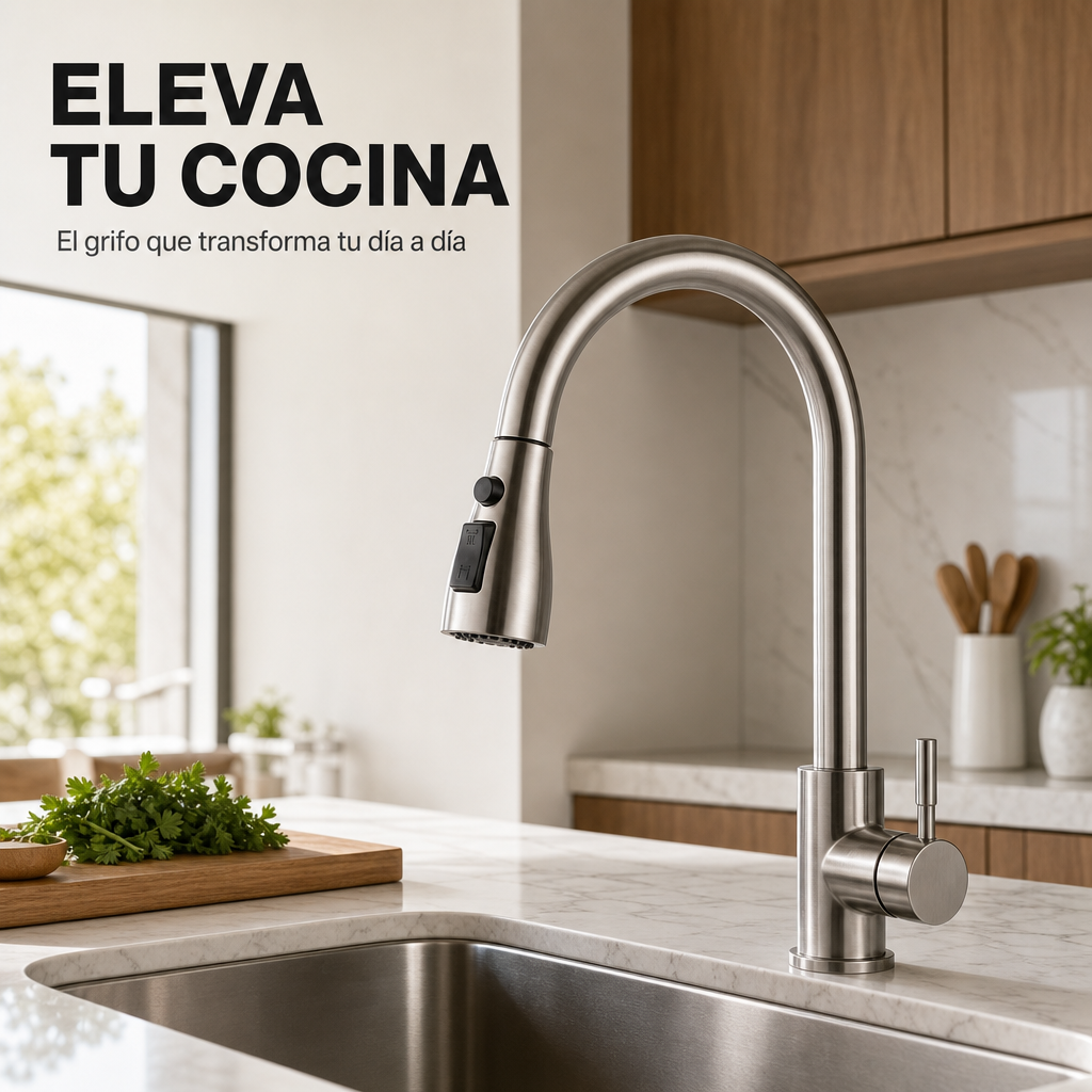 Torneira de cozinha extraível monocomando em aço inoxidável com bico alto giratório 360° e dupla função de água
