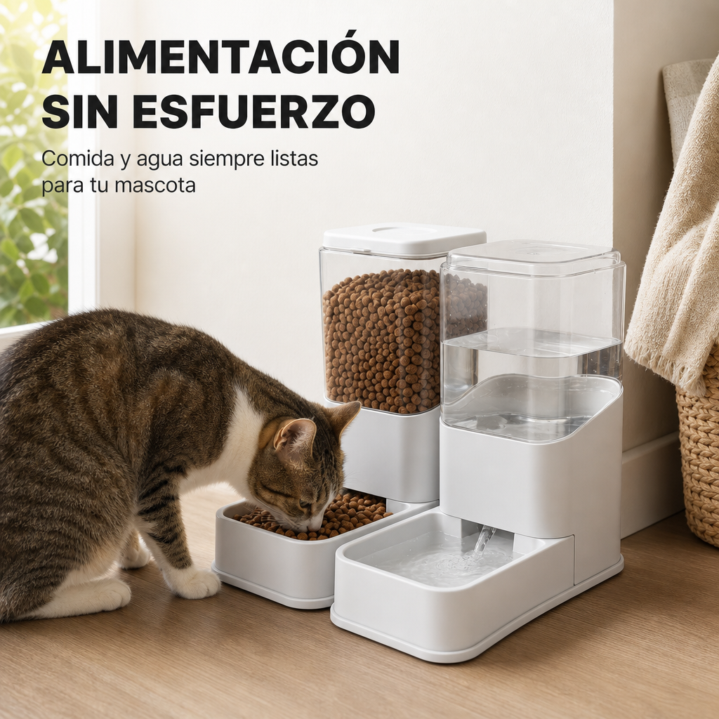 Distributeur automatique de nourriture pour chats et chiens avec distributeur d'eau, double gamelle et alimentation continue couleur grise