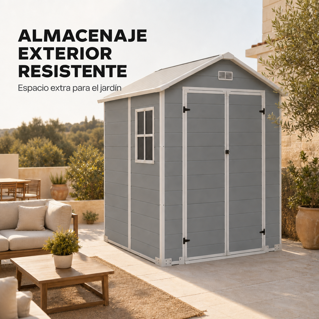 Casetta da giardino XL in resina con finestra, doppia porta, ventilazione e chiusura di sicurezza
