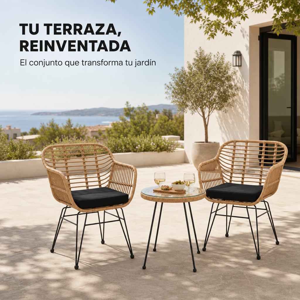 Conjunto Jardín Ratán Con 2 Sillones Y Mesa Redonda Para Terraza Y Balcón