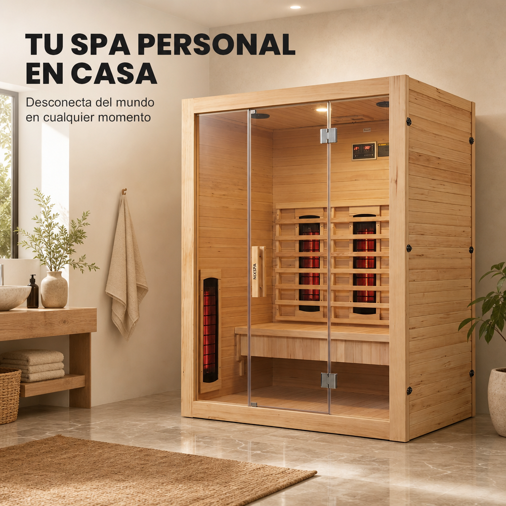 Sauna de infrarrojos 3 personas de madera maciza con 6 paneles, Bluetooth y puerta panorámicaSauna de infrarrojos 3 personas de madera maciza con 6 paneles, Bluetooth y puerta panorámica