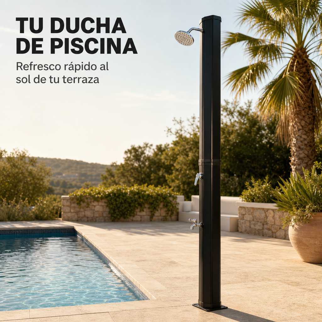 Doccia solare esterna per giardino e piscina con rubinetto per lavapiedi e spruzzatore orientabile nero/argento