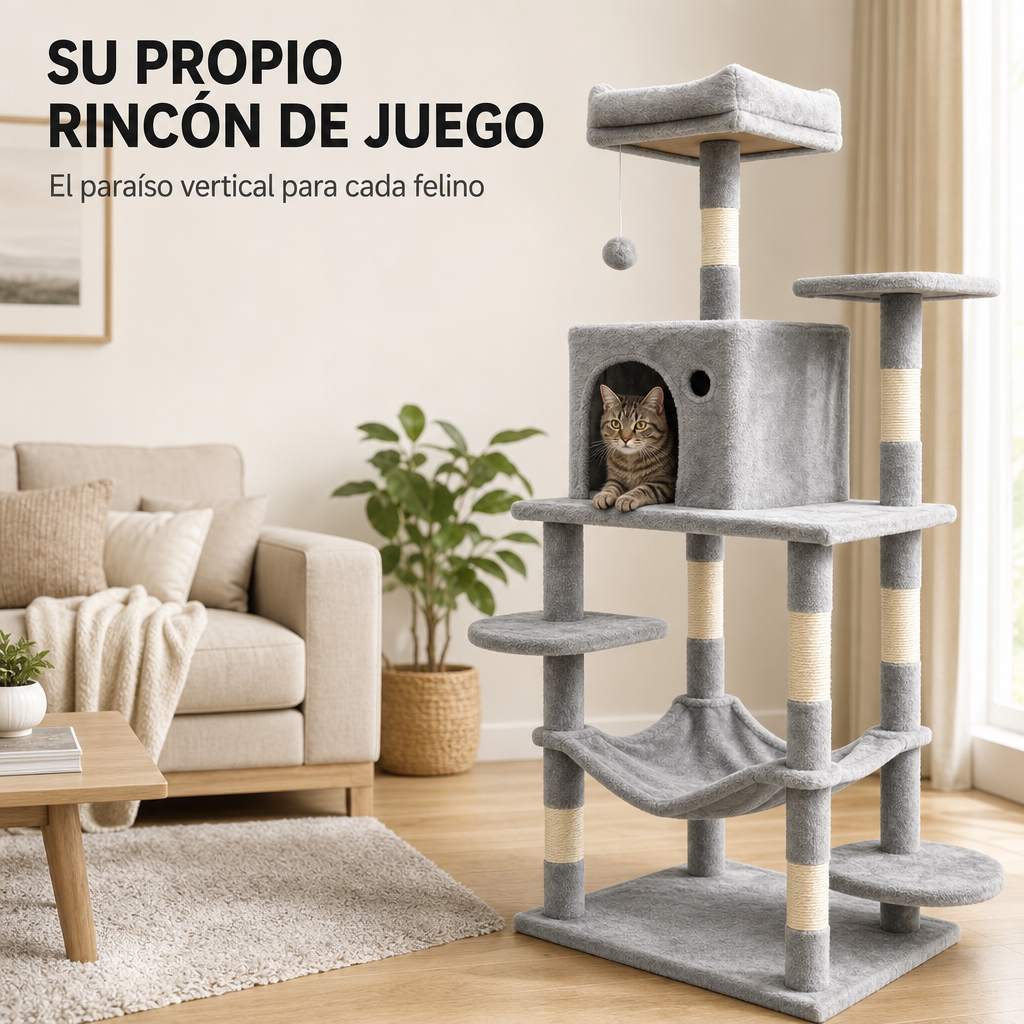 Albero tiragraffi per gatti alto 143 cm con amaca, piattaforme, tana e pali in sisal colore grigio chiaro