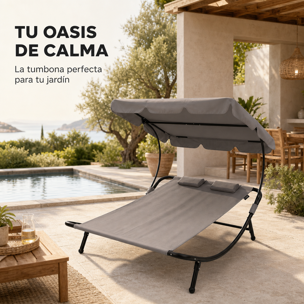 Lettino doppio da giardino tipo dondolo per 2 persone con parasole regolabile, cuscini, ruote e struttura in acciaio grigio 195x185x175 cm