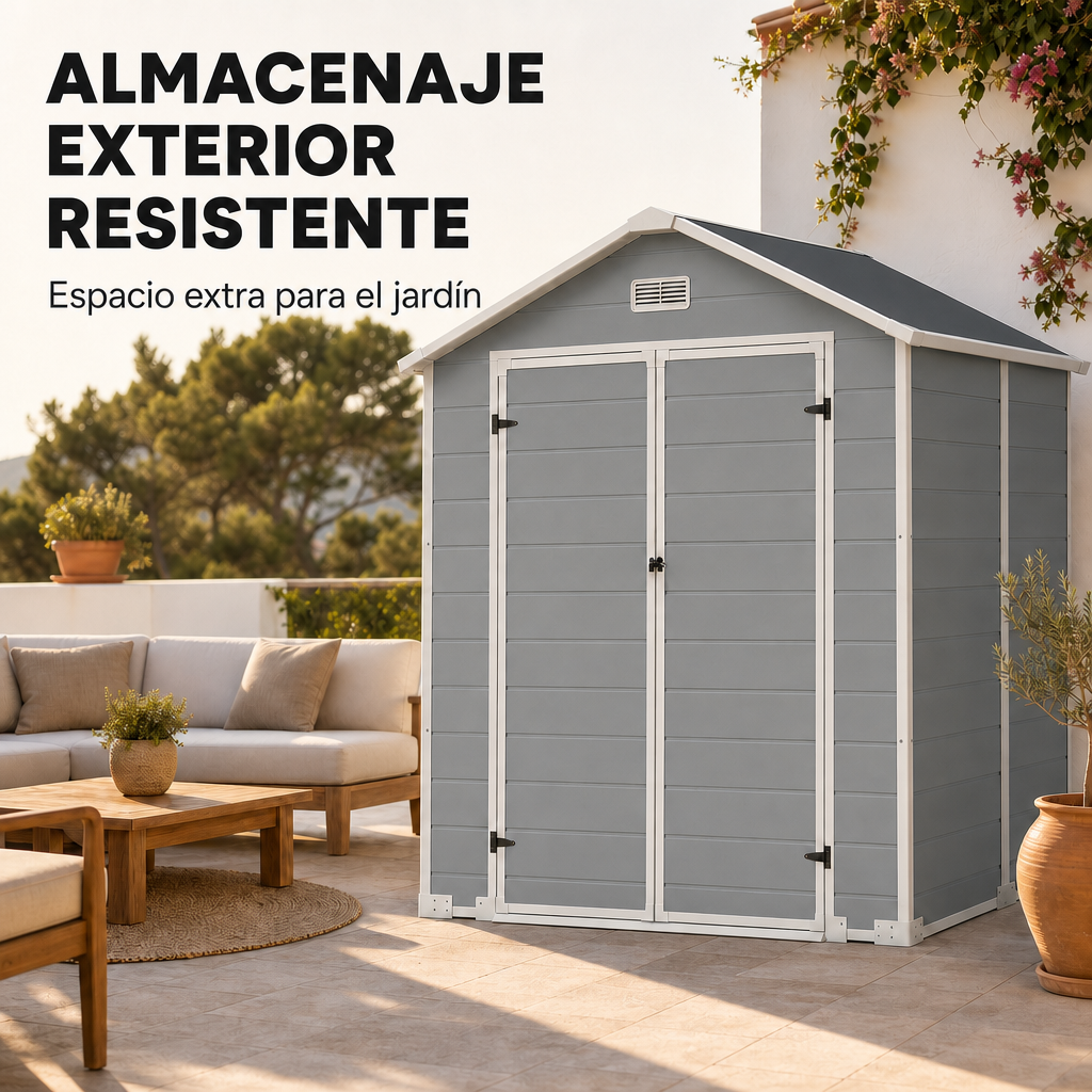 Casetta da giardino grande in resina con doppia porta, finestra e ventilazione integrata